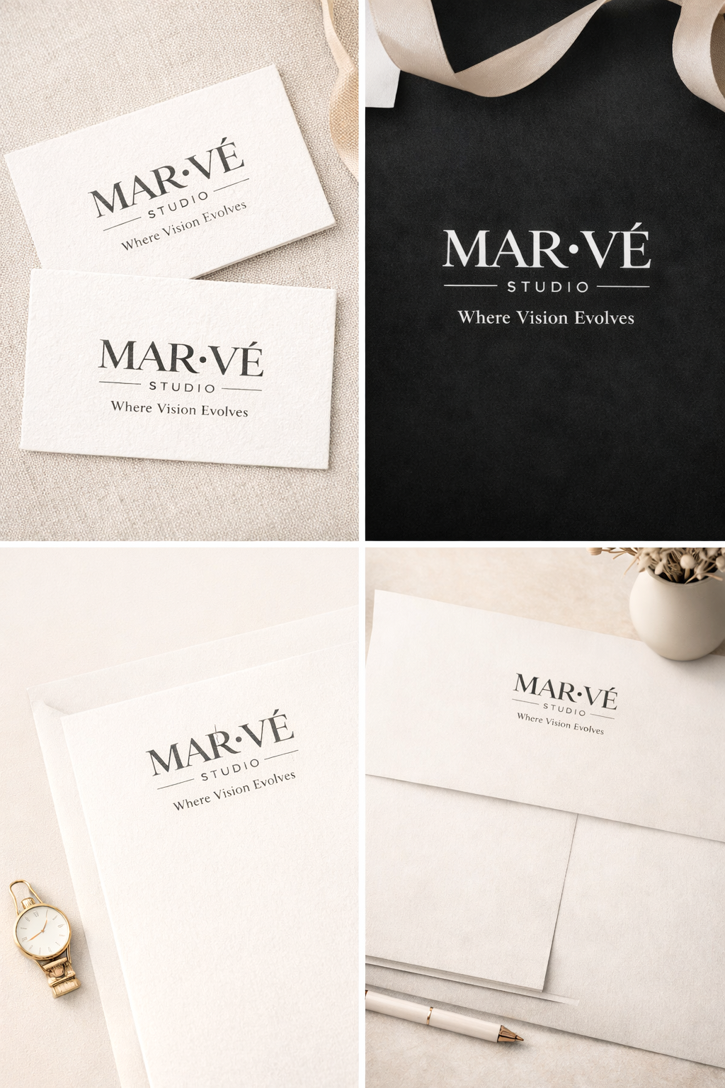 Collage of branding materials for MARVÉ Studio, including business cards, envelopes, and stationery with the logo and tagline 'Where Vision Evolves' in elegant black serif font on various backgrounds.
