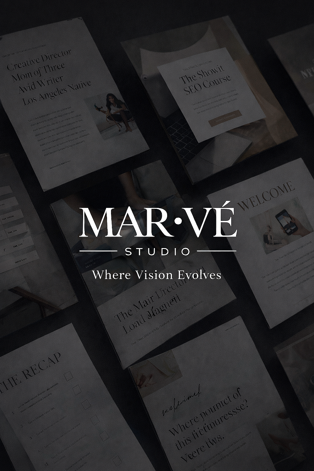 Branded promotional image for MARVÉ Studio with the tagline "Where Vision Evolves" over a background of various marketing materials and digital screens.