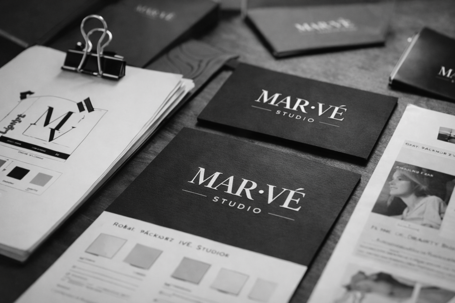 Black and white photograph of various printed materials, including business cards and flyers on a wooden surface, prominently displaying the name "MAR-VÉ STUDIO."