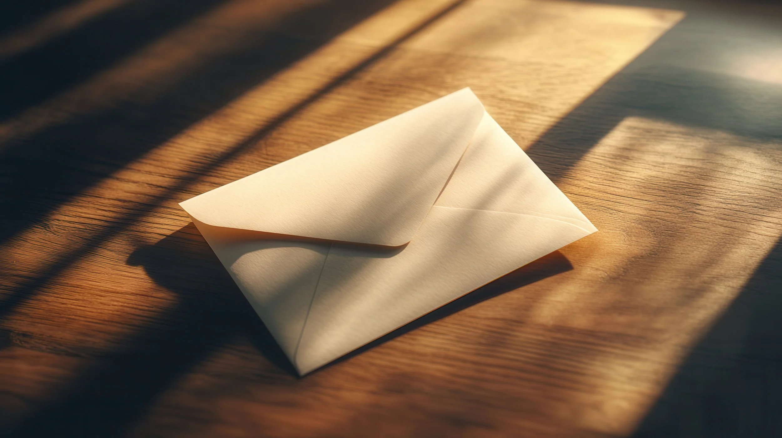 A folded white paper envelope on a wooden surface with sunlight and shadow patterns.