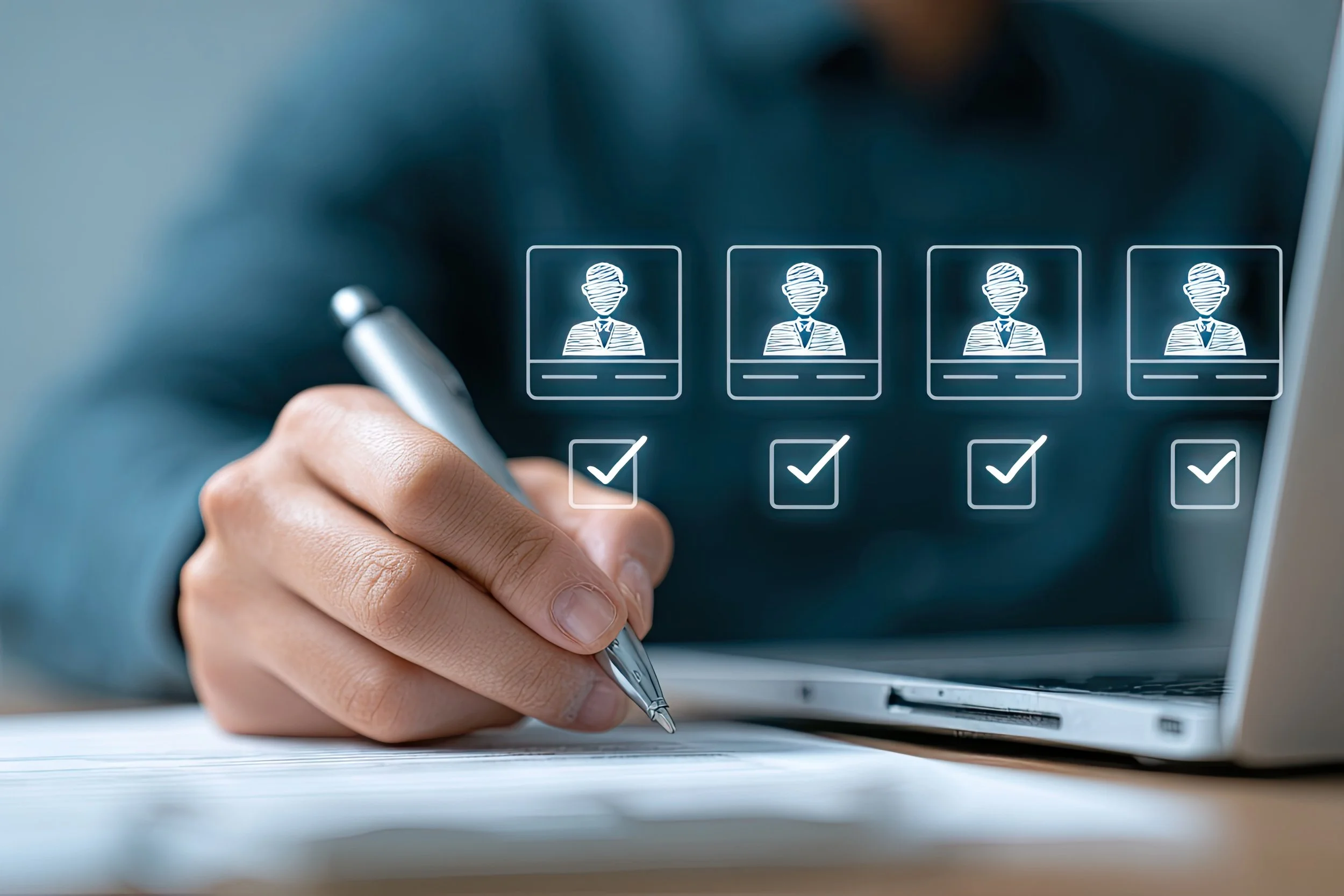 A person is checking off names on a digital hiring or recruitment interface with icons of professional individuals, some of which are checked.