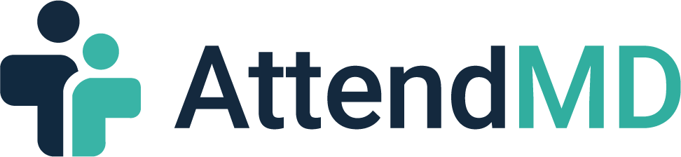Logo for AttendMD with stylized team members in blue and teal colors.