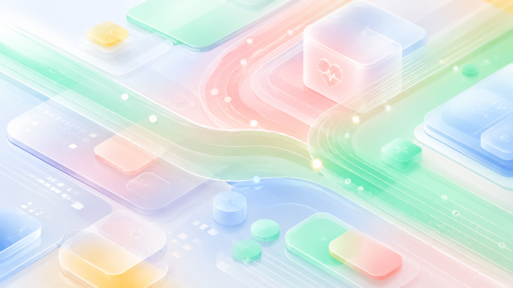 A digital illustration of a futuristic medical technology interface with colored transparent layers, icons for health monitoring, and pathways representing data flow.