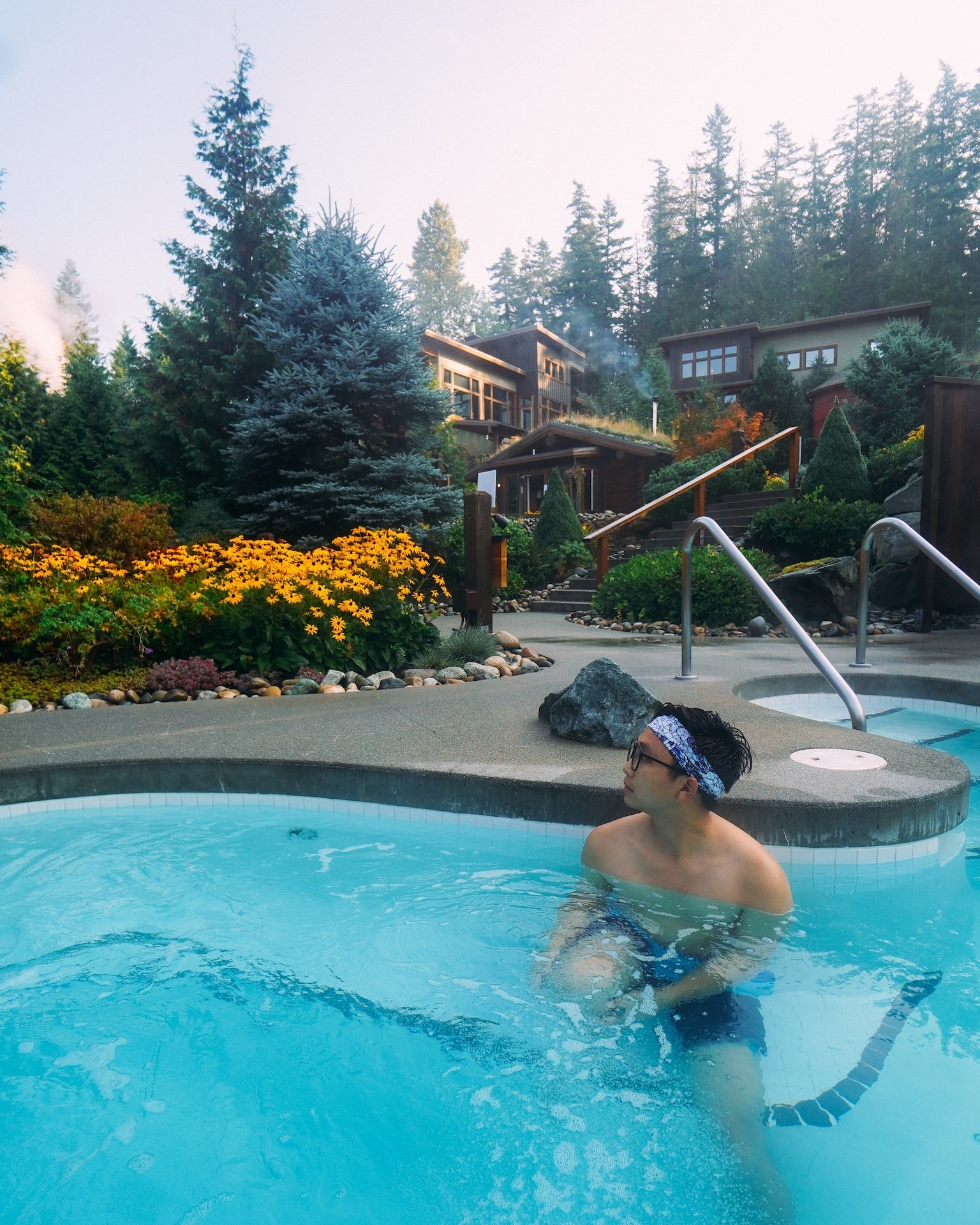 Gunnarolla in a pool at Scandinave Spa, Whistler