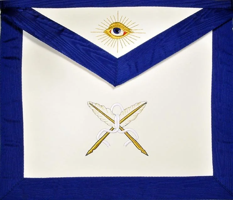 Masonic apron with blue border, eye symbol at the top, and quill pens in the center, representing the Lodge Secretary.