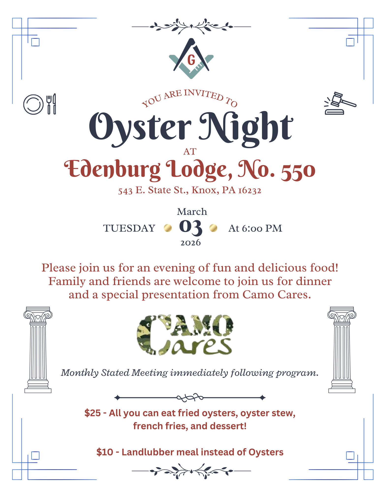 Join us for our Annual Oyster Dinner!