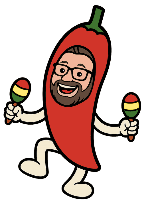 A cartoon chili pepper character with a human face, holding maracas, smiling, and dancing.