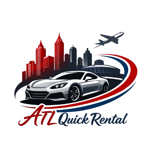 Logo for ATL Quick Rental featuring a silver sports car, a city skyline, and an airplane, with colorful swooshes.