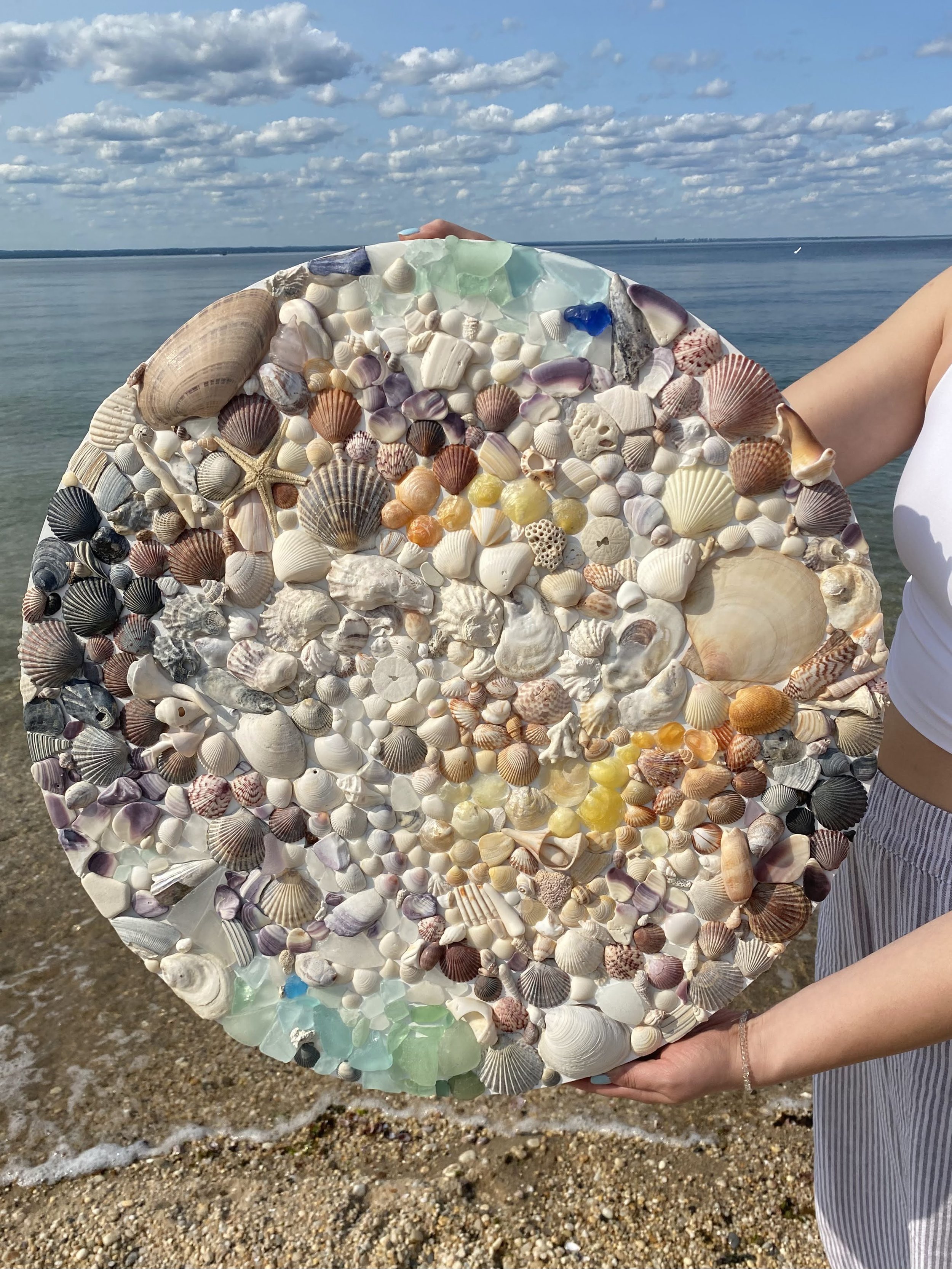 Sea Memories, shells and sea glass on panel, 2025