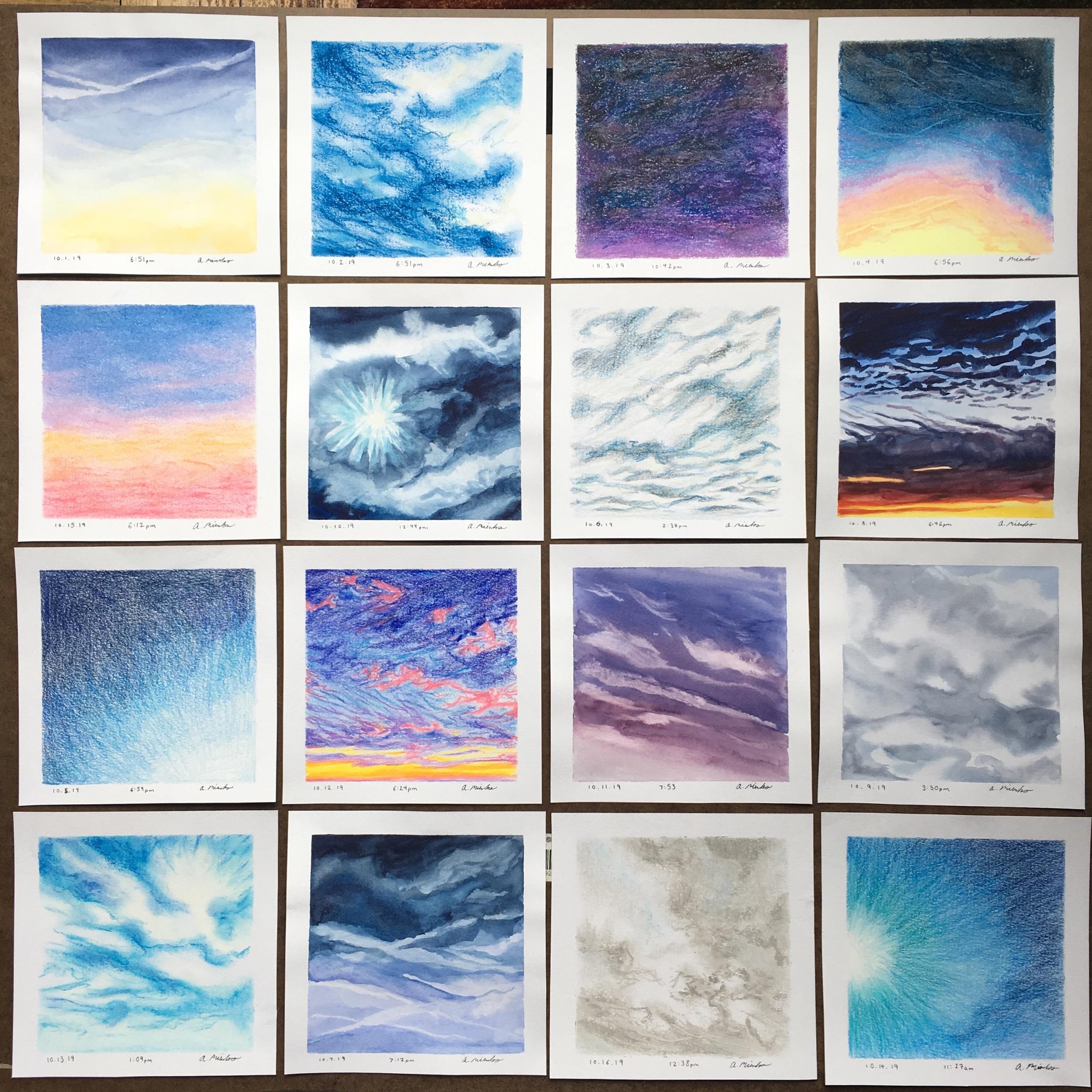 Excerpts from Sky Diary 2019 project, mixed media on paper