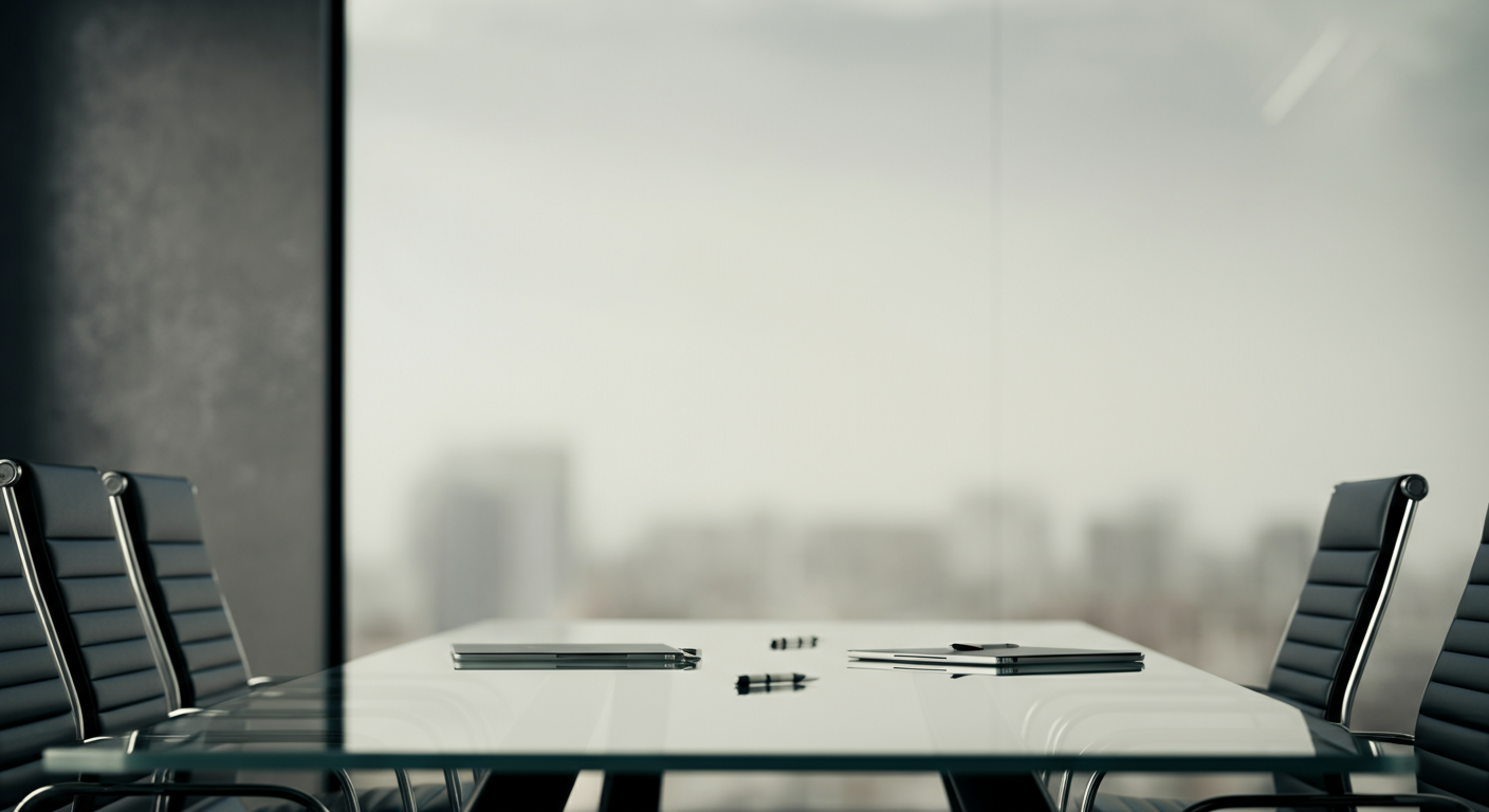 An empty conference room with a glass table, black chairs, and office supplies on the table, overlooking a city skyline through large windows.