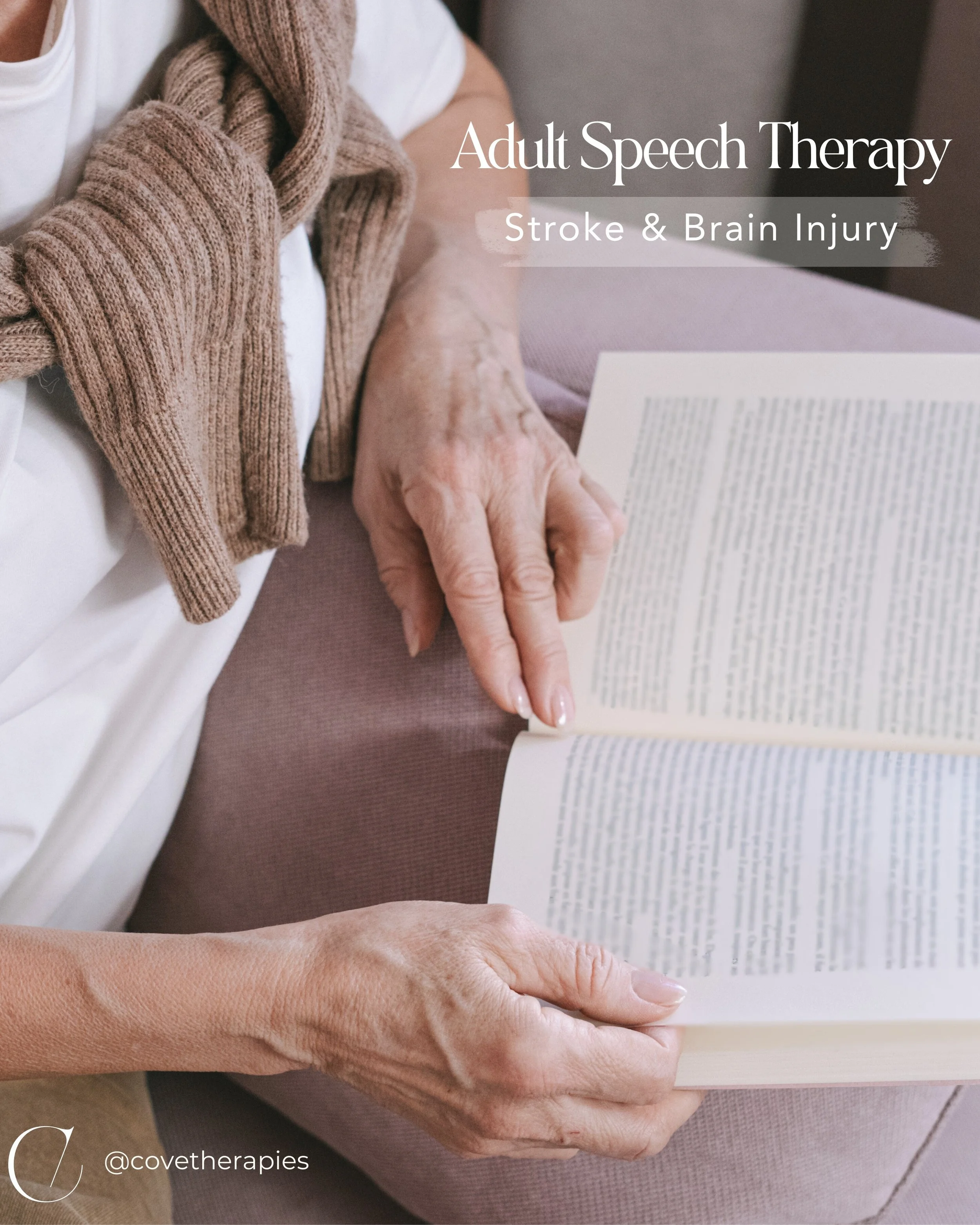 An older woman is reading a book. Adult speech therapy for stroke and brain injury.