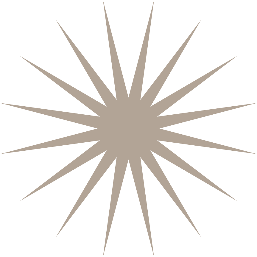 A starburst design with long, pointed rays emanating from a central point against a black background.