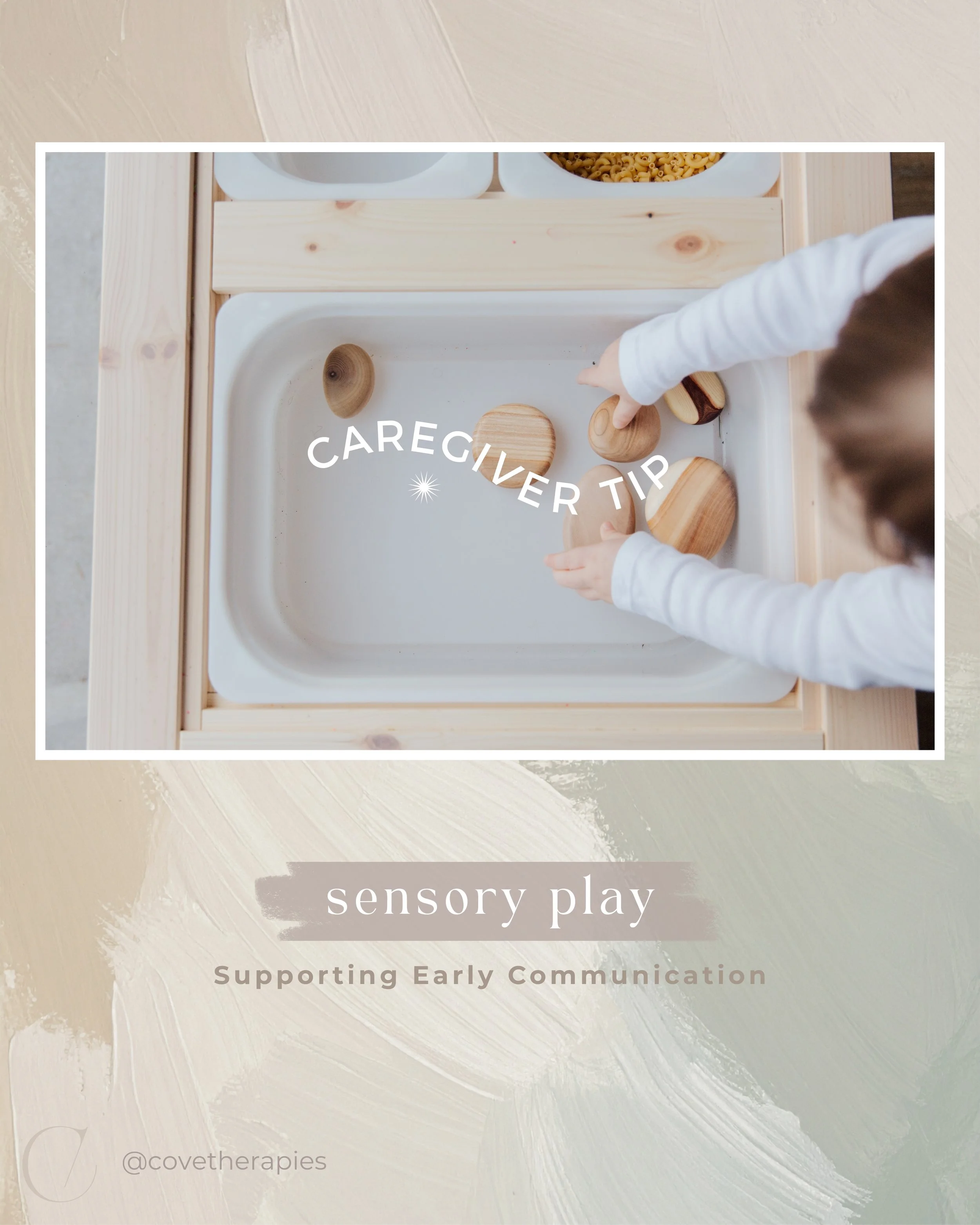 A toddler is engaging in a wooden Ikea sensory bin with Montessori themed toys. It is play-based speech-therapy.
