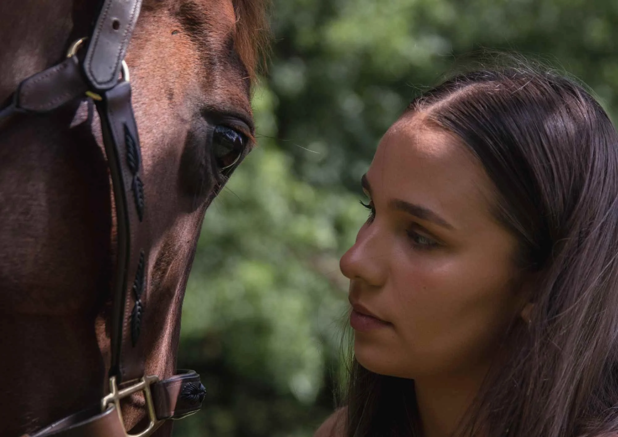 horse and rider portraits of A woman and a horse face each other closely outdoors, with the woman's face near the horse's head, both looking into each other's eyes.