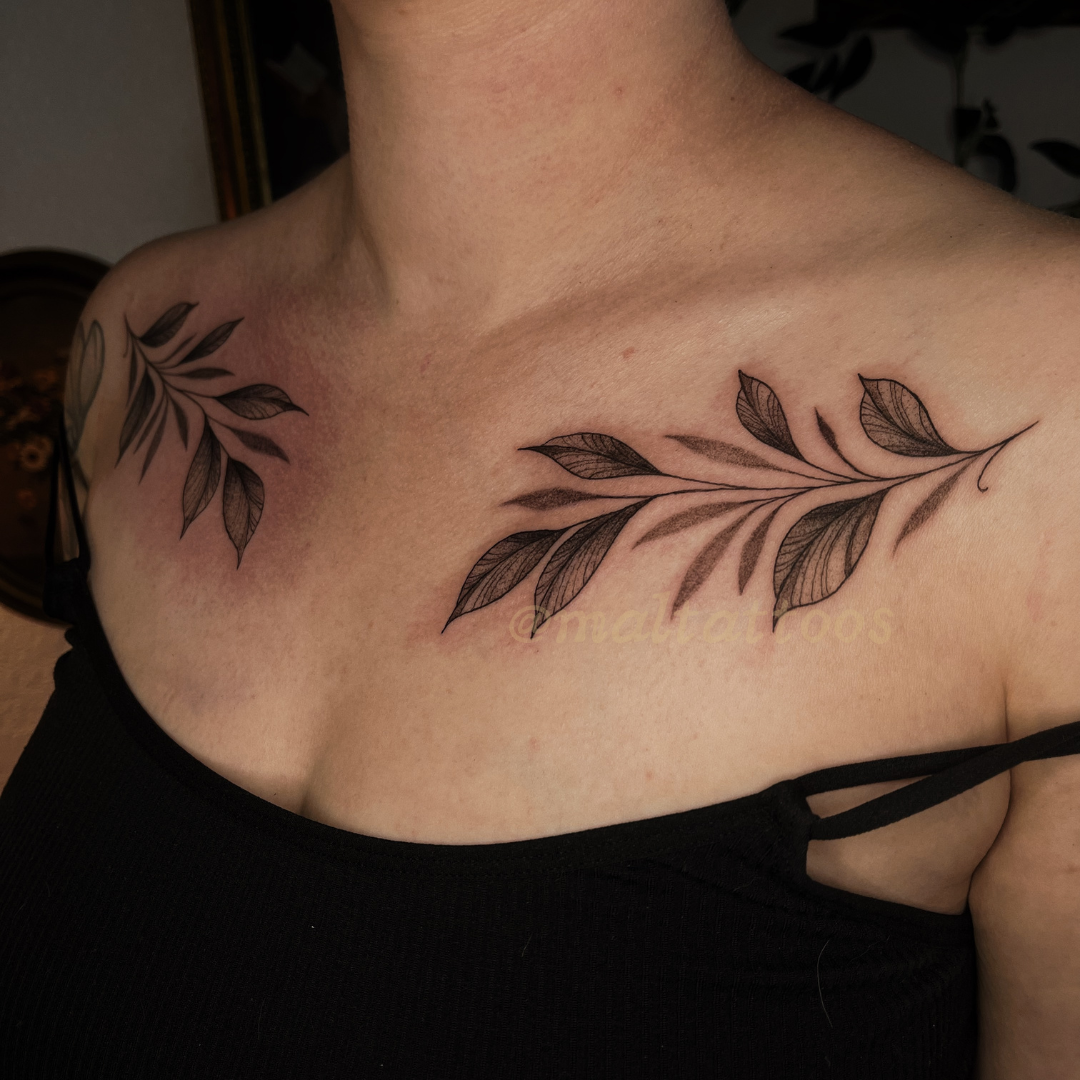 maltattoos mal miyares botanical leaf Vine chest illustrative black and grey tattoo fineline