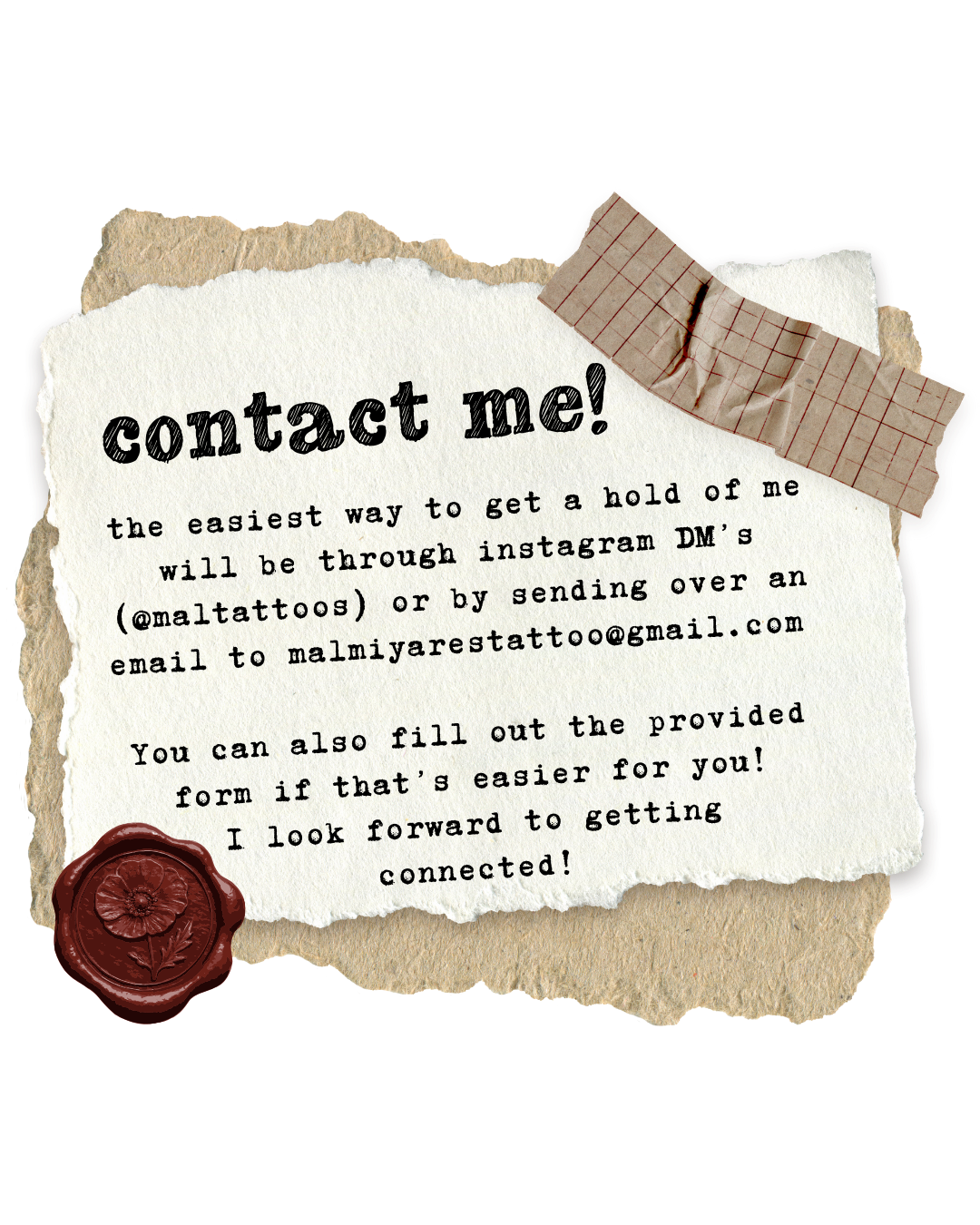 contact me graphic dark academia cottage core journal scrapbook tattoo artist maltattoos Mal miyares