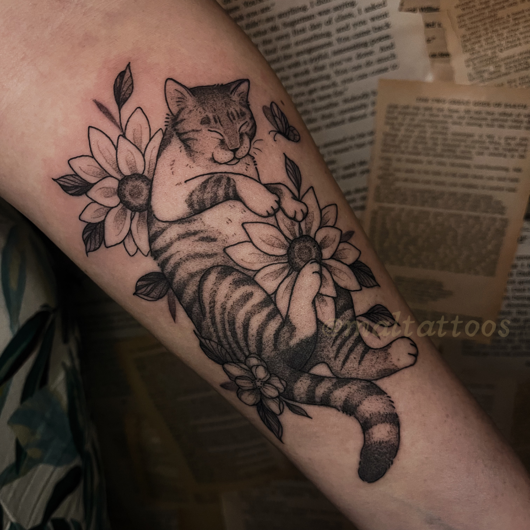maltattoos mal miyares cute cat sunflower illustrative black and grey tattoo fineline