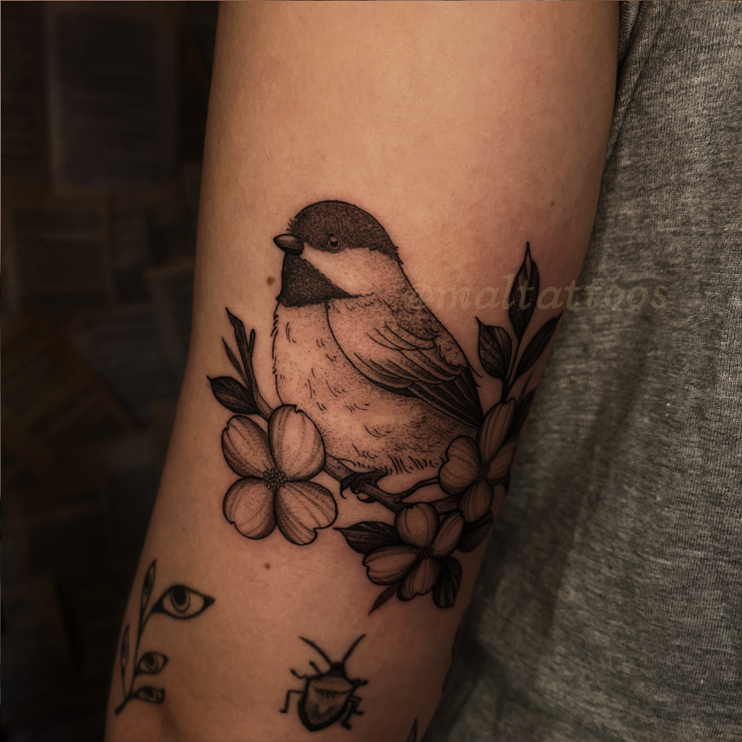 maltattoos mal miyares cute chickadee on floral branch illustrative black and grey tattoo fineline
