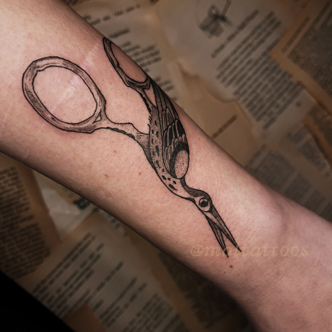 maltattoos mal miyares vintage bird embroidery scissors illustrative black and grey tattoo fineline