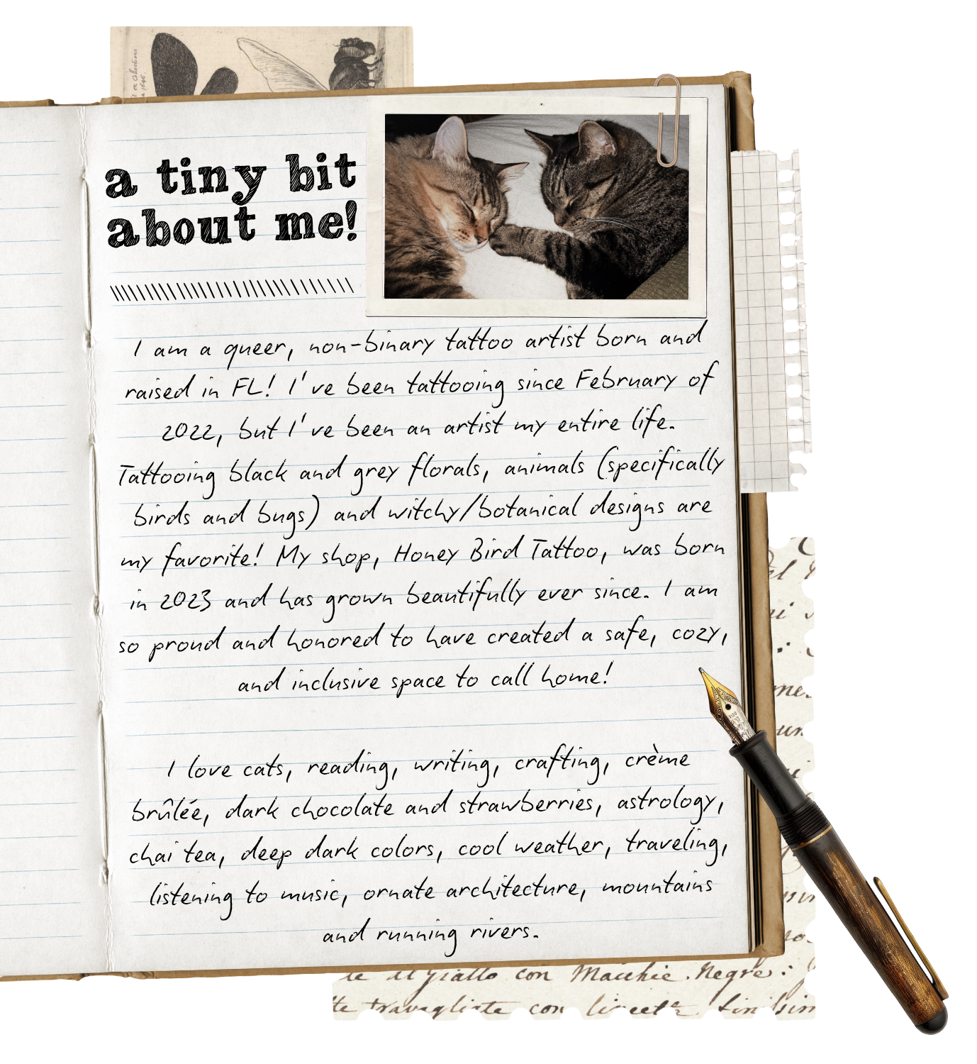 about me journal scrapbook entry tattoo artist Mal miyares Florida creative Honey Bird tattoo shop dunedin cute cozy dark academia