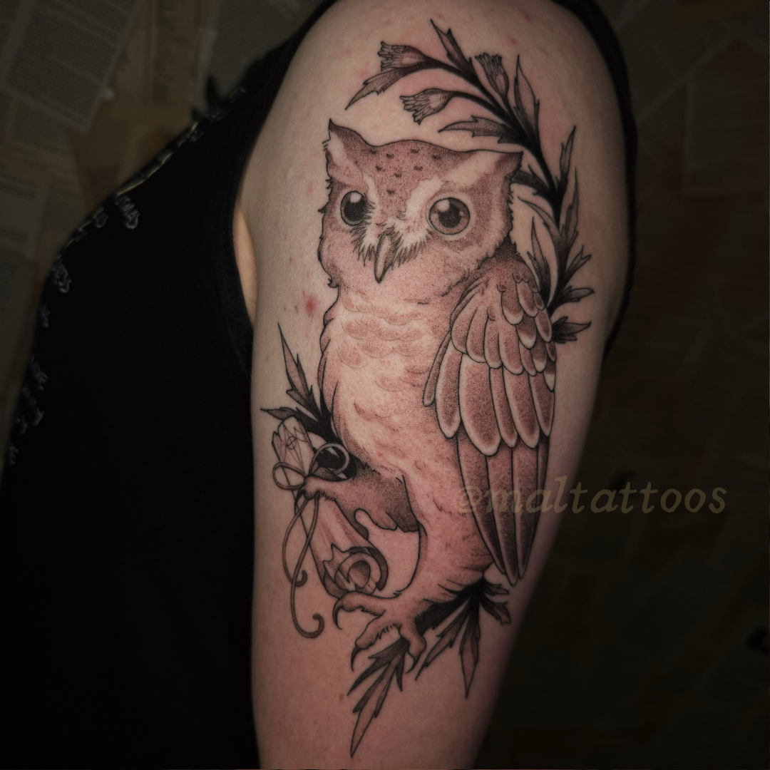 maltattoos mal miyares owl with scroll witchy illustrative black and grey tattoo fineline