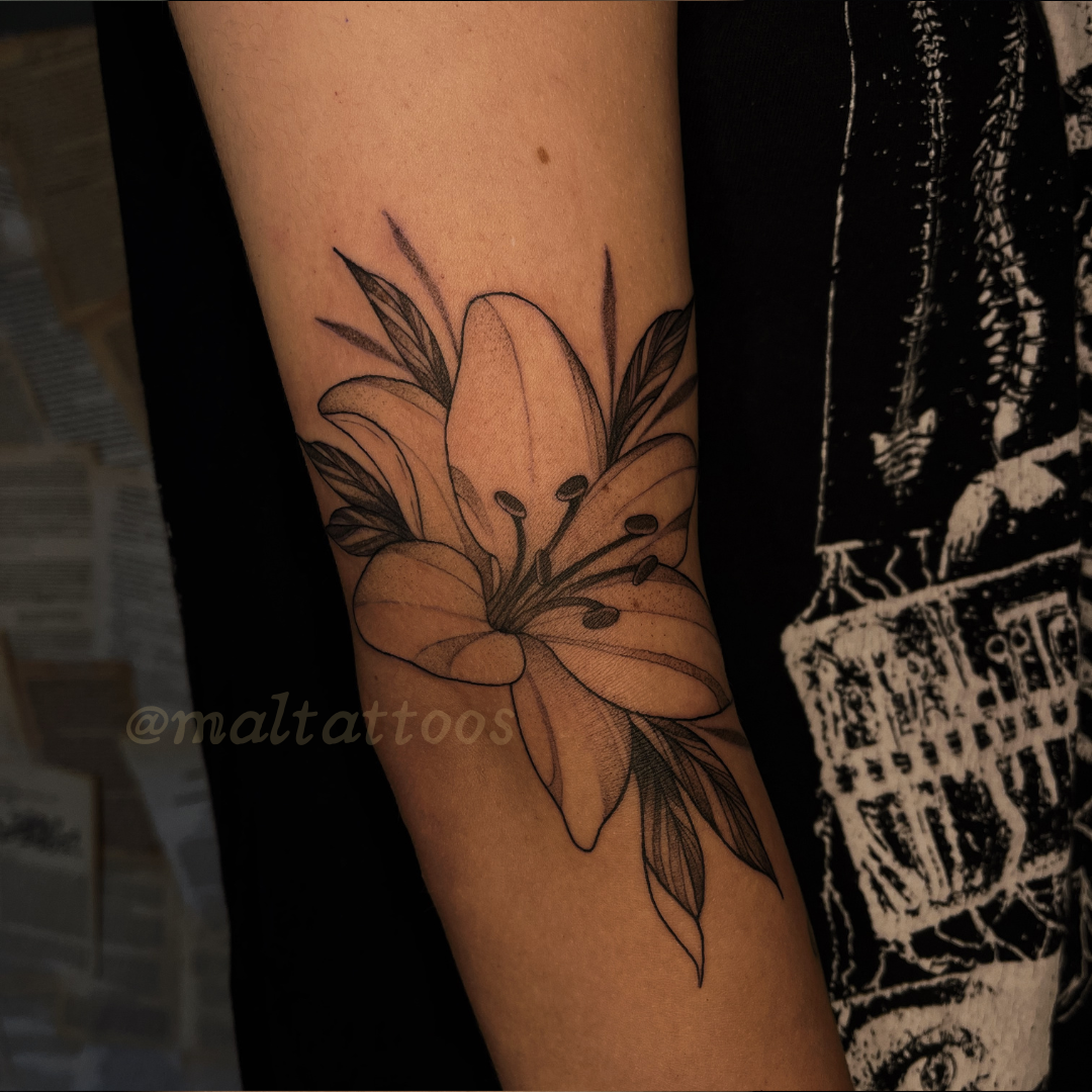 maltattoos mal miyares pretty lily flower illustrative black and grey tattoo fineline