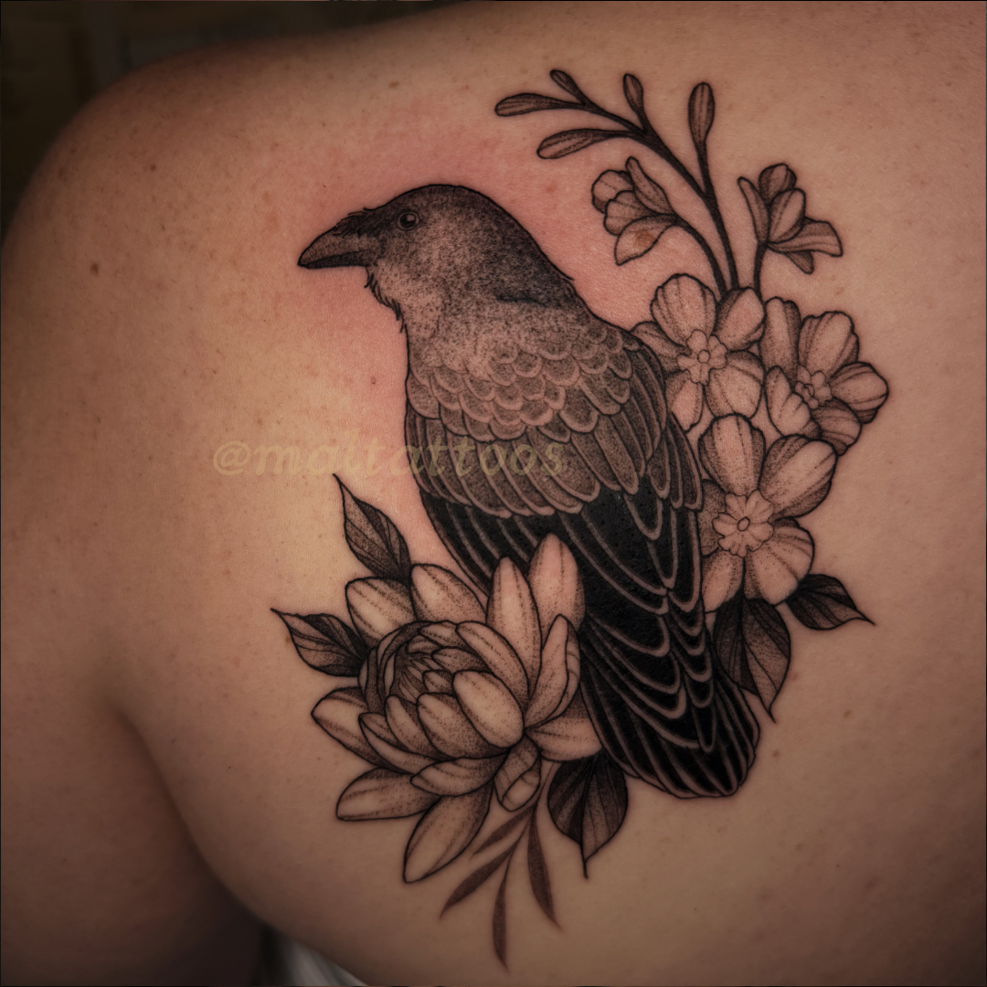 maltattoos mal miyares raven with florals pretty illustrative black and grey tattoo fineline