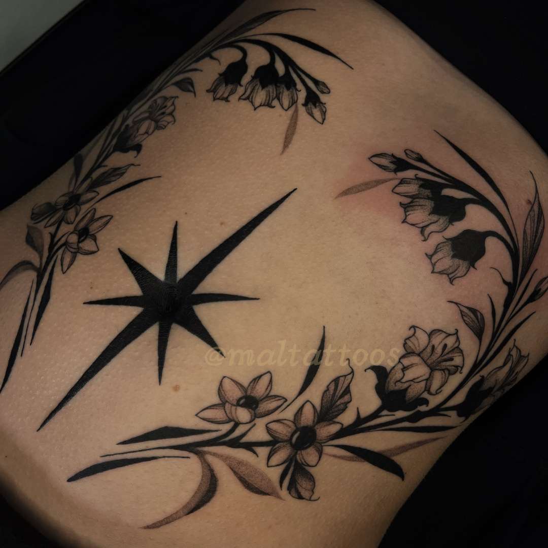 maltattoos mal miyares poison flower star stomach illustrative black and grey tattoo fineline