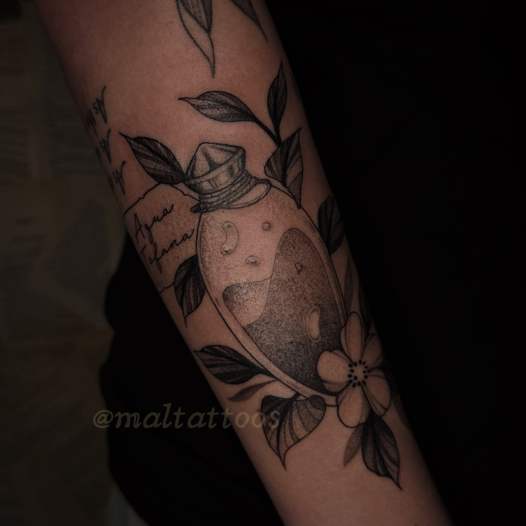 maltattoos mal miyares aqua tofona poison bottle witchy illustrative black and grey tattoo fineline