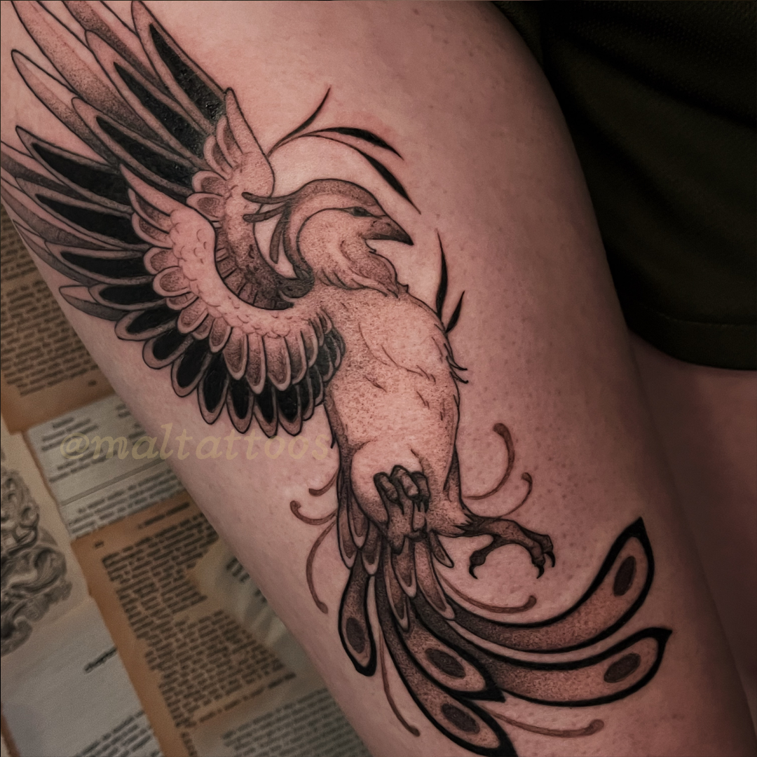 maltattoos mal miyares illustrative Phoenix tattoo black and grey thigh placement Dunedin FL