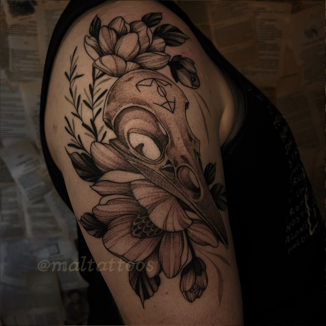 maltattoos mal miyares raven skull magnolia flower illustrative black and grey tattoo fineline
