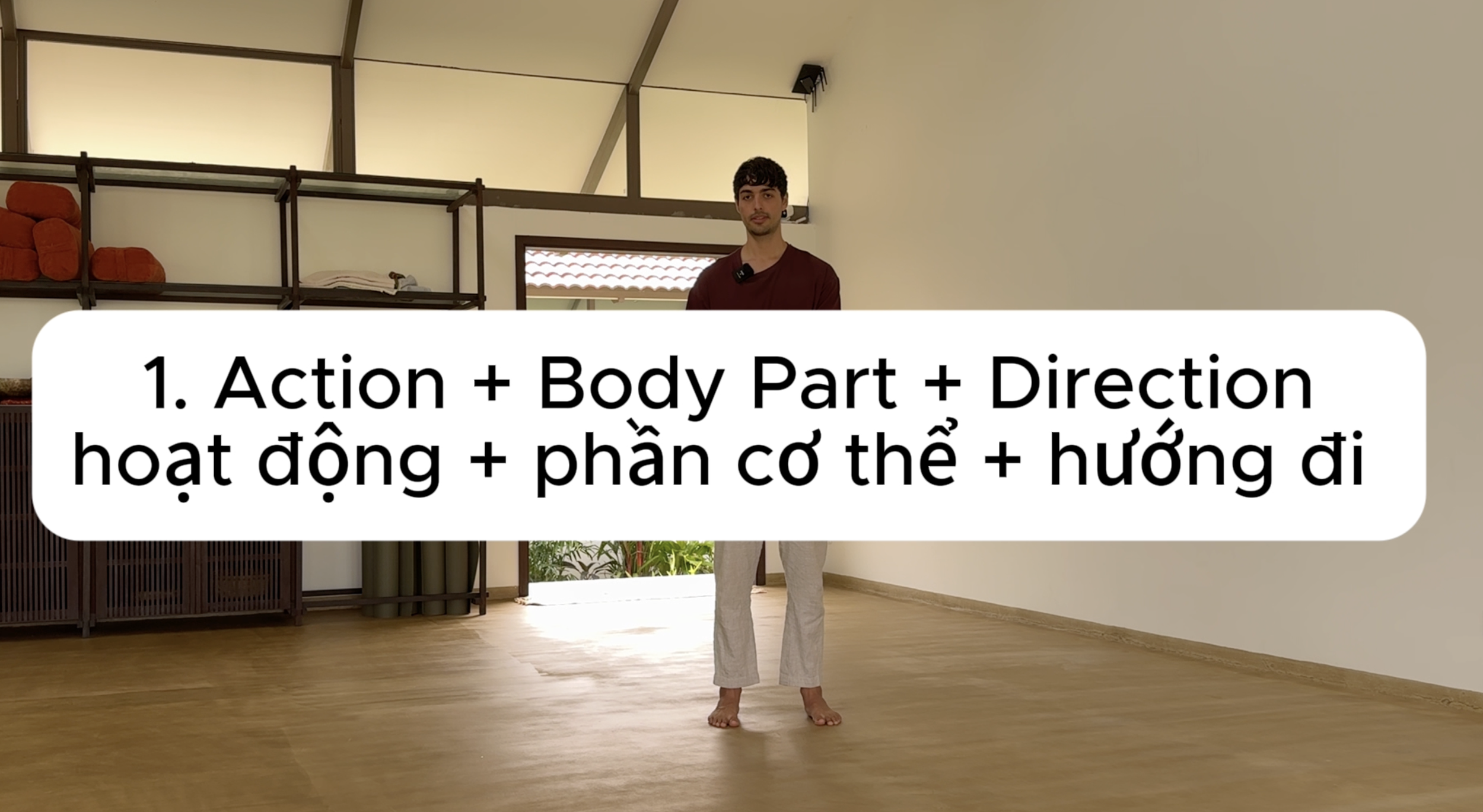 A simple sentence formula to help Vietnamese Yoga Teachers Teach Yoga In English. Action + Body Part + Direction' in English and Vietnamese.