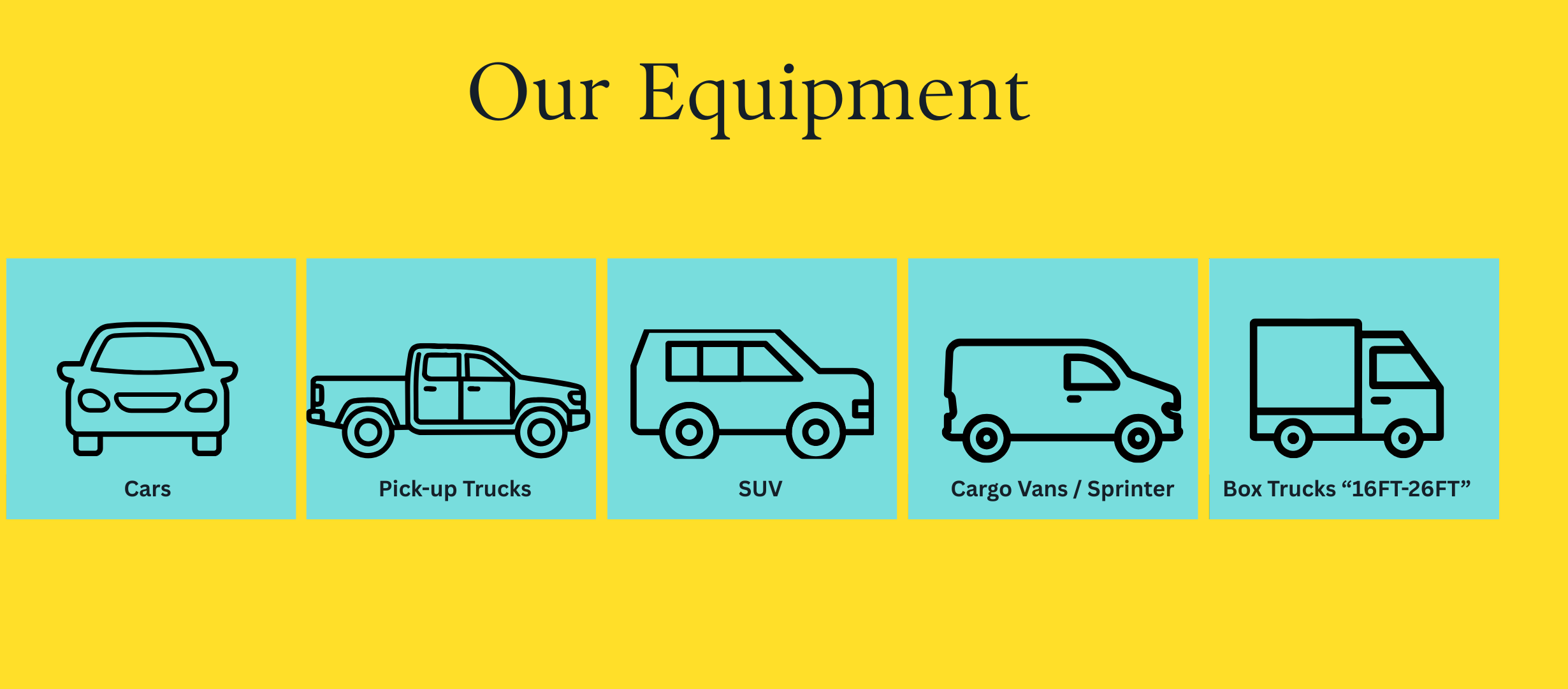 Illustration of different types of vehicles, including cars, pickup trucks, SUV, cargo vans, and box trucks, labeled accordingly, on a yellow background.