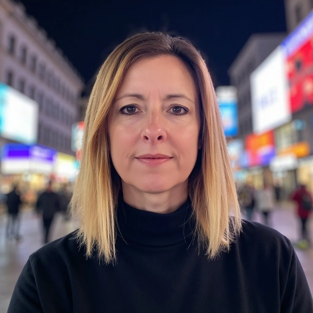 A woman with shoulder-length blonde hair wearing a black turtleneck standing on a busy city street at night with brightly lit signs and people walking in the background.