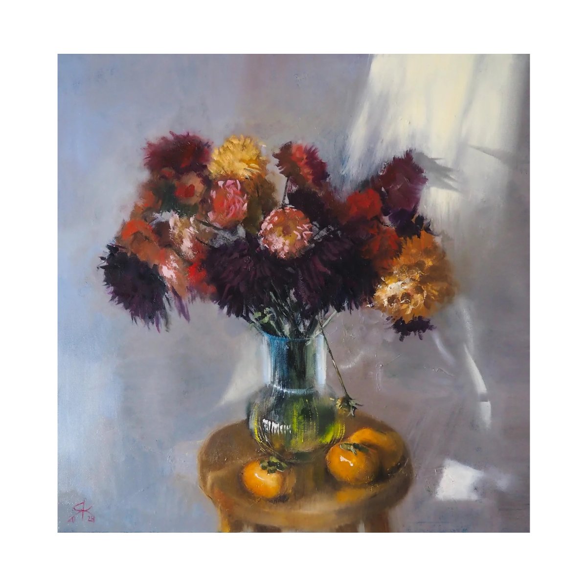 Still life With Persimmon And Dahlias
