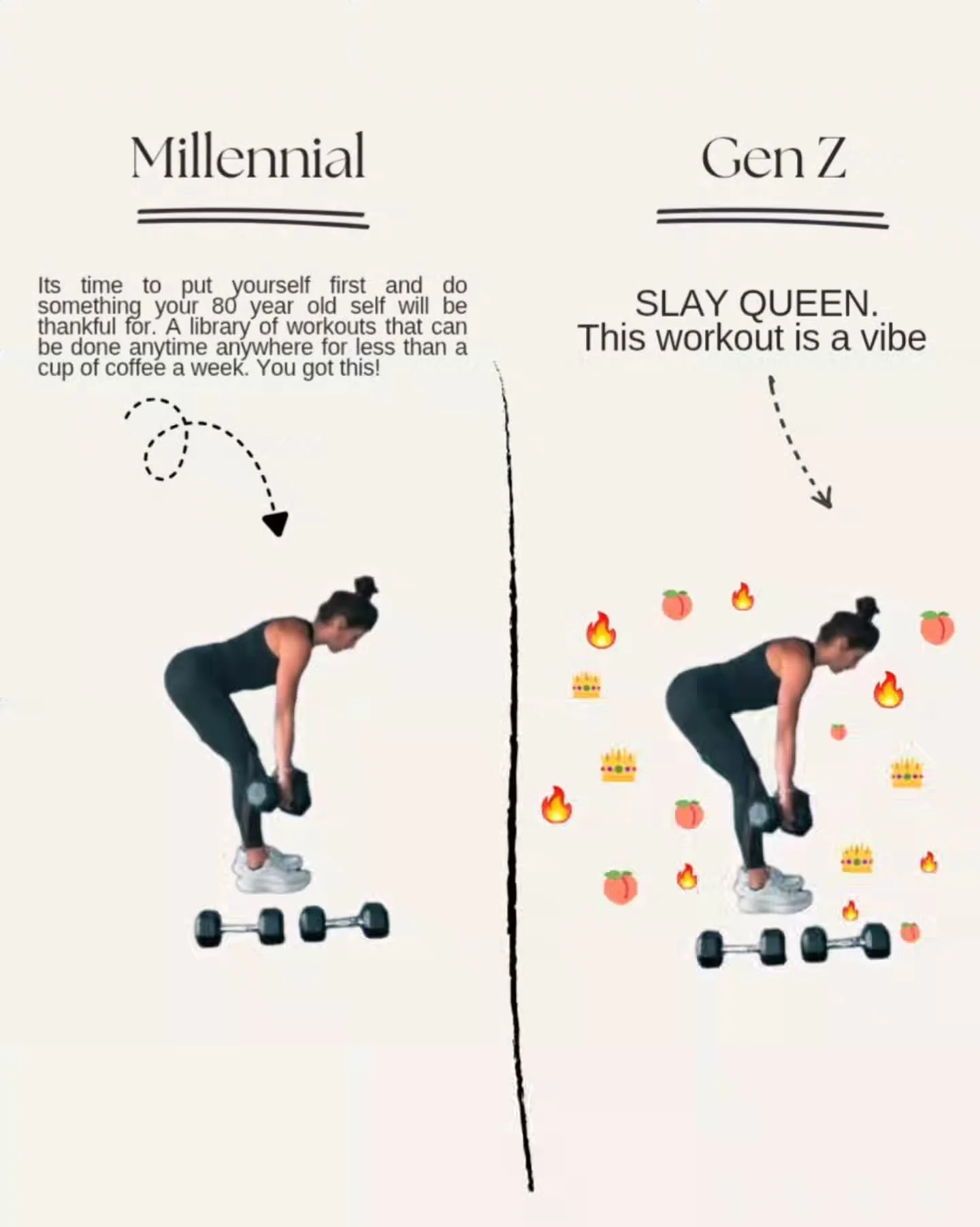 Millennial 🤝 Gen Z 

#fitnessmotivation 
#homeworkouts 
#strengthtraining 
#genzvsmillennials