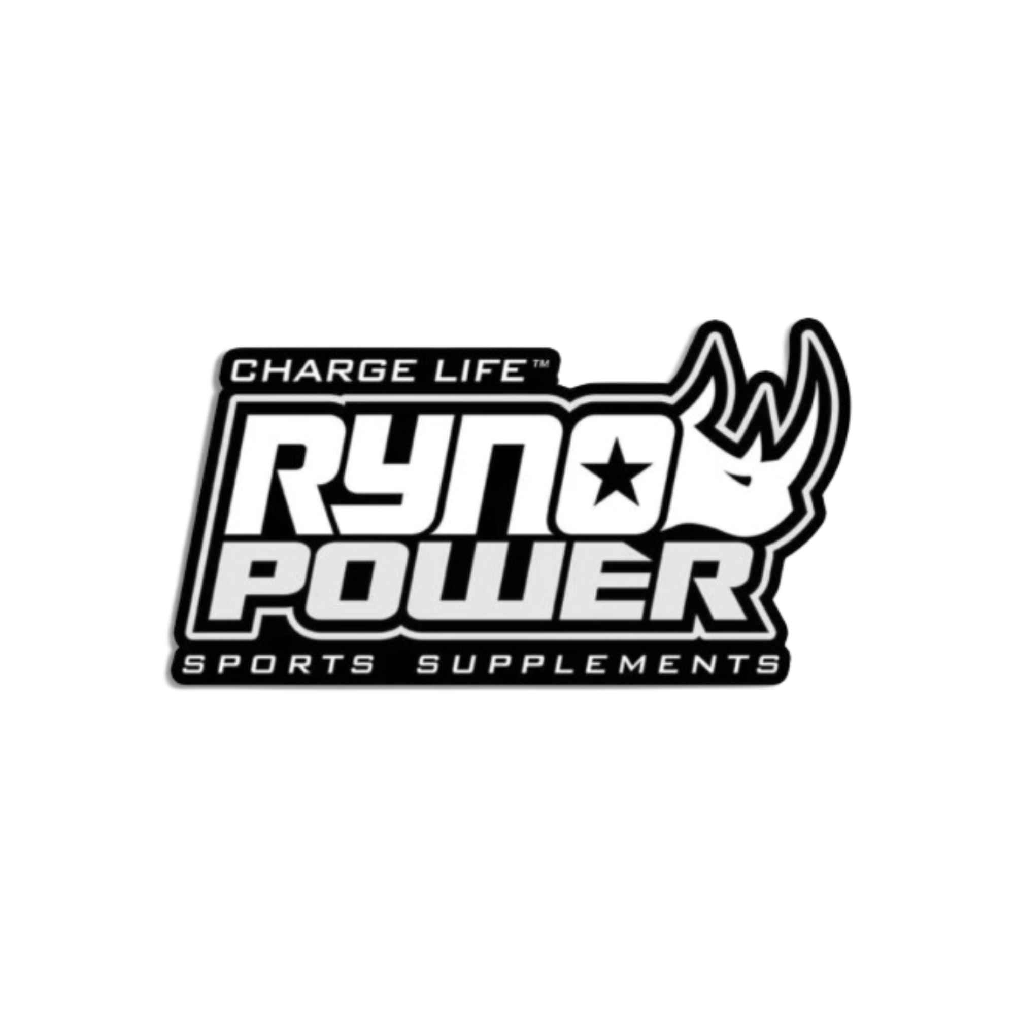 Black and white logo for Ryno Power sports supplements with the words 'Charge Life' and a stylized rhino head.