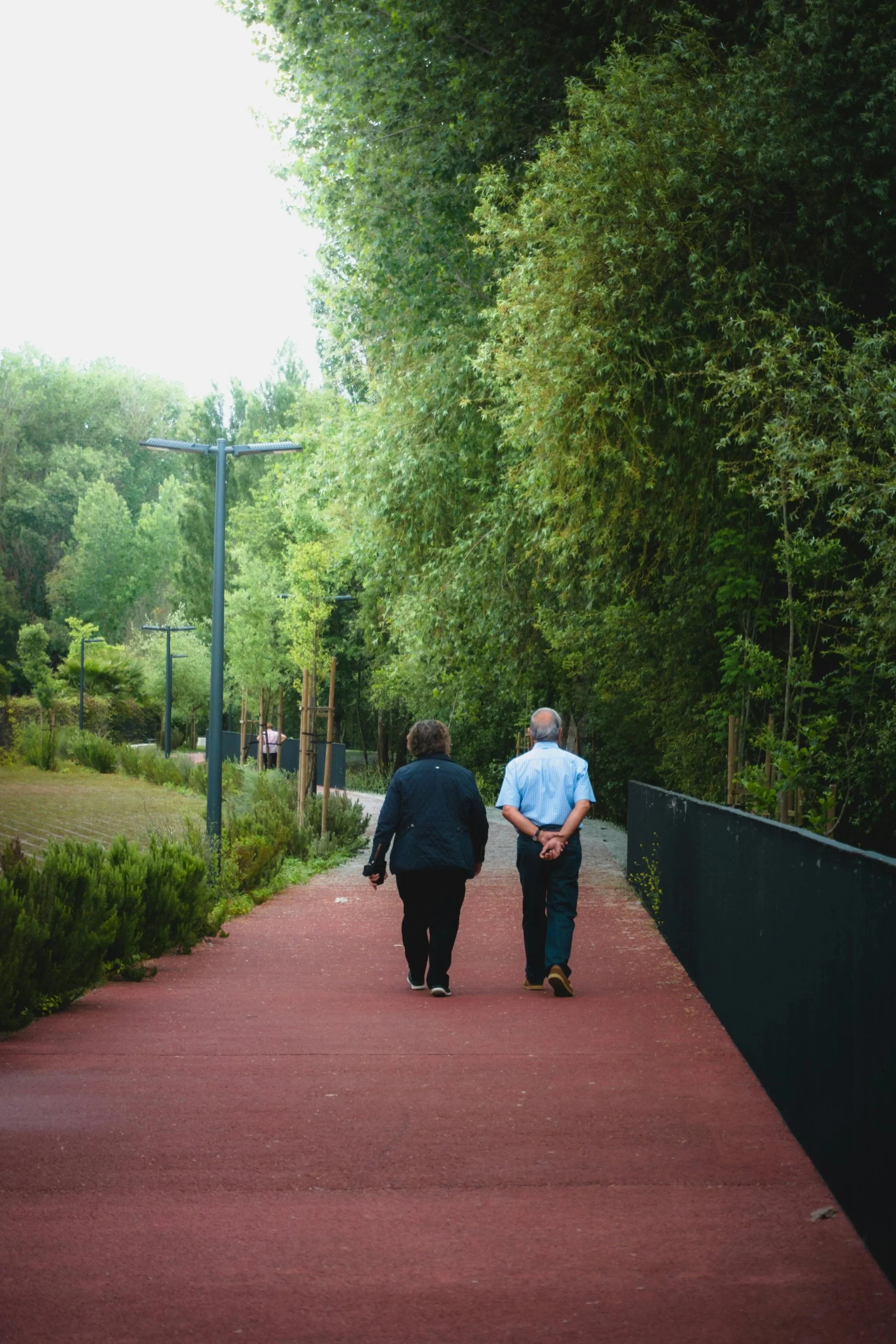 An woman and a man walking away in a park surrounding by trees