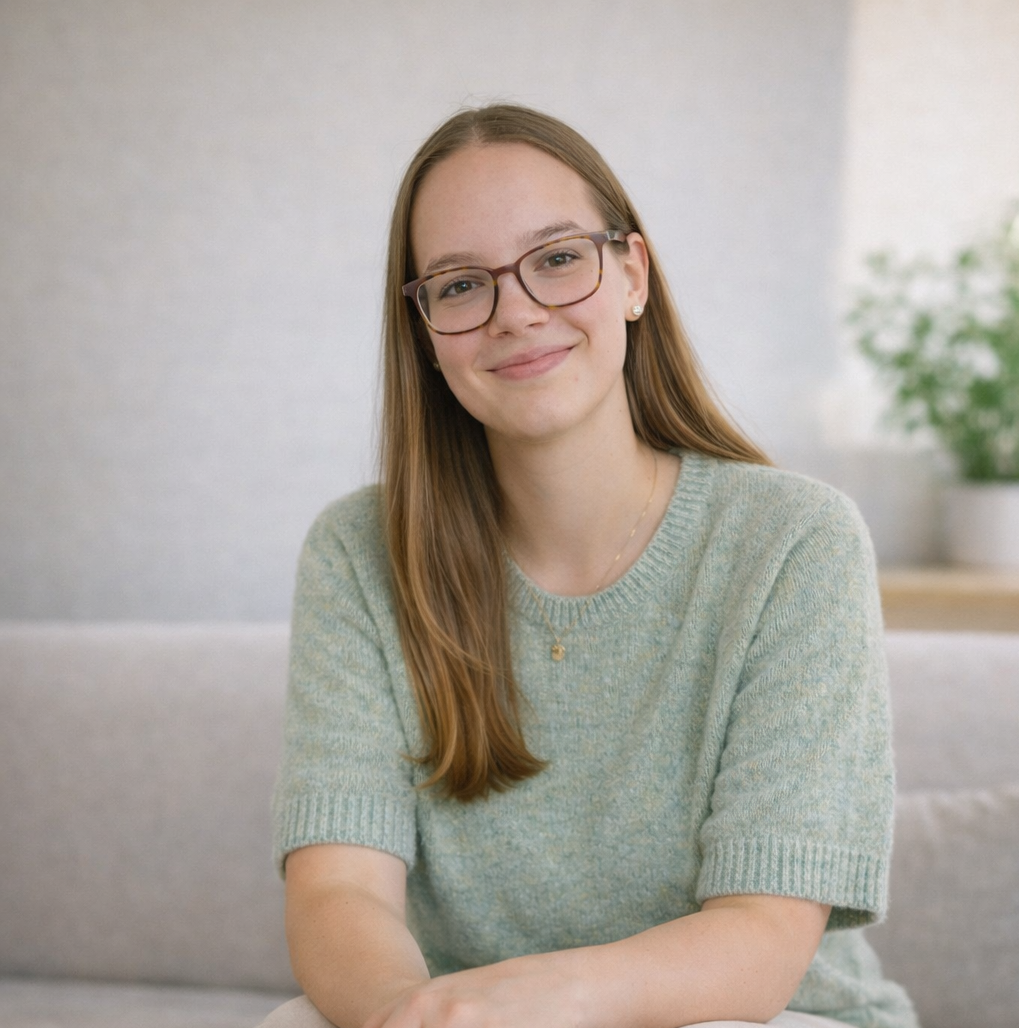 A young woman with long brown hair, glasses, and a light green sweater smiling at the camera, sitting indoors with a blurred background of a wall and a potted plant.