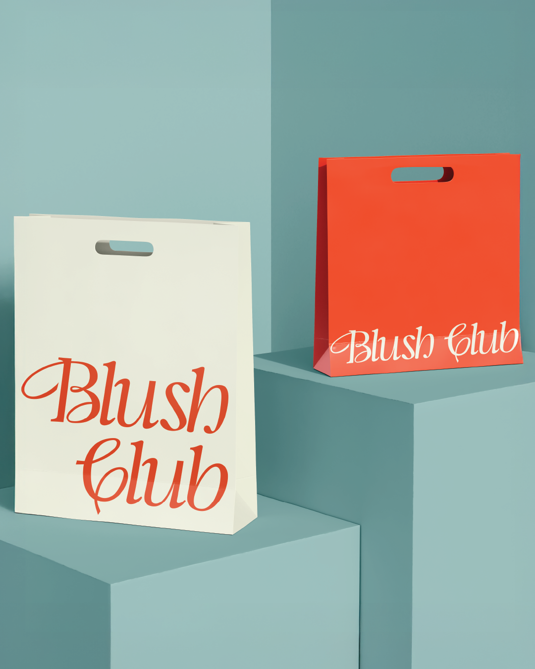 Two shopping bags, one white and one orange, with 'Blush Club' logo