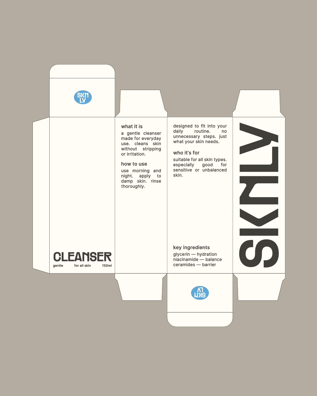 Flat, unpacked SKNLY's skincare cleanser box