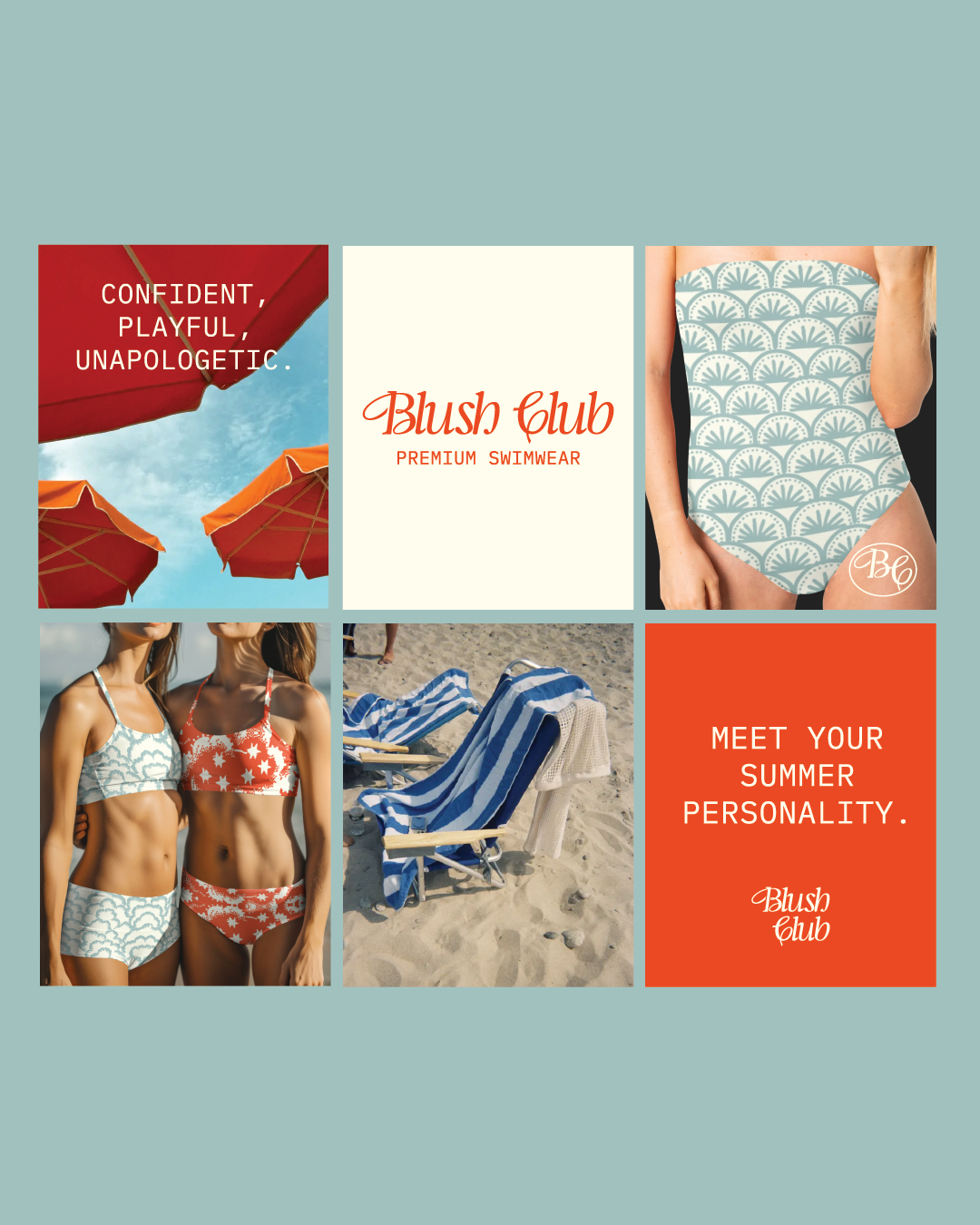 A social media collage of images highlighting confidence, playfulness, and summer personality for a swimwear brand called Blush Club.
