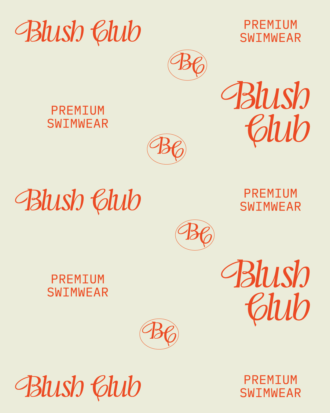 Pattern design with the logo 'Blush Club' in large, and 'Premium Swimwear' in small, repeated with a logo that has the initials BC.