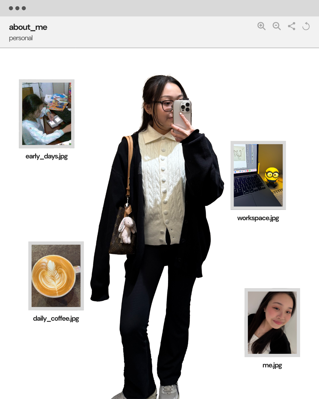 Mirror selfie of the designer. Surrounding her are four smaller images: a little girl studying with computer, a workspace, a cup of latte, and a selfie.