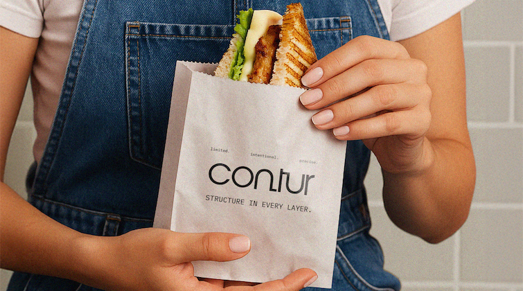 Person holding a 'contur' paper bag with a sandwich inside.