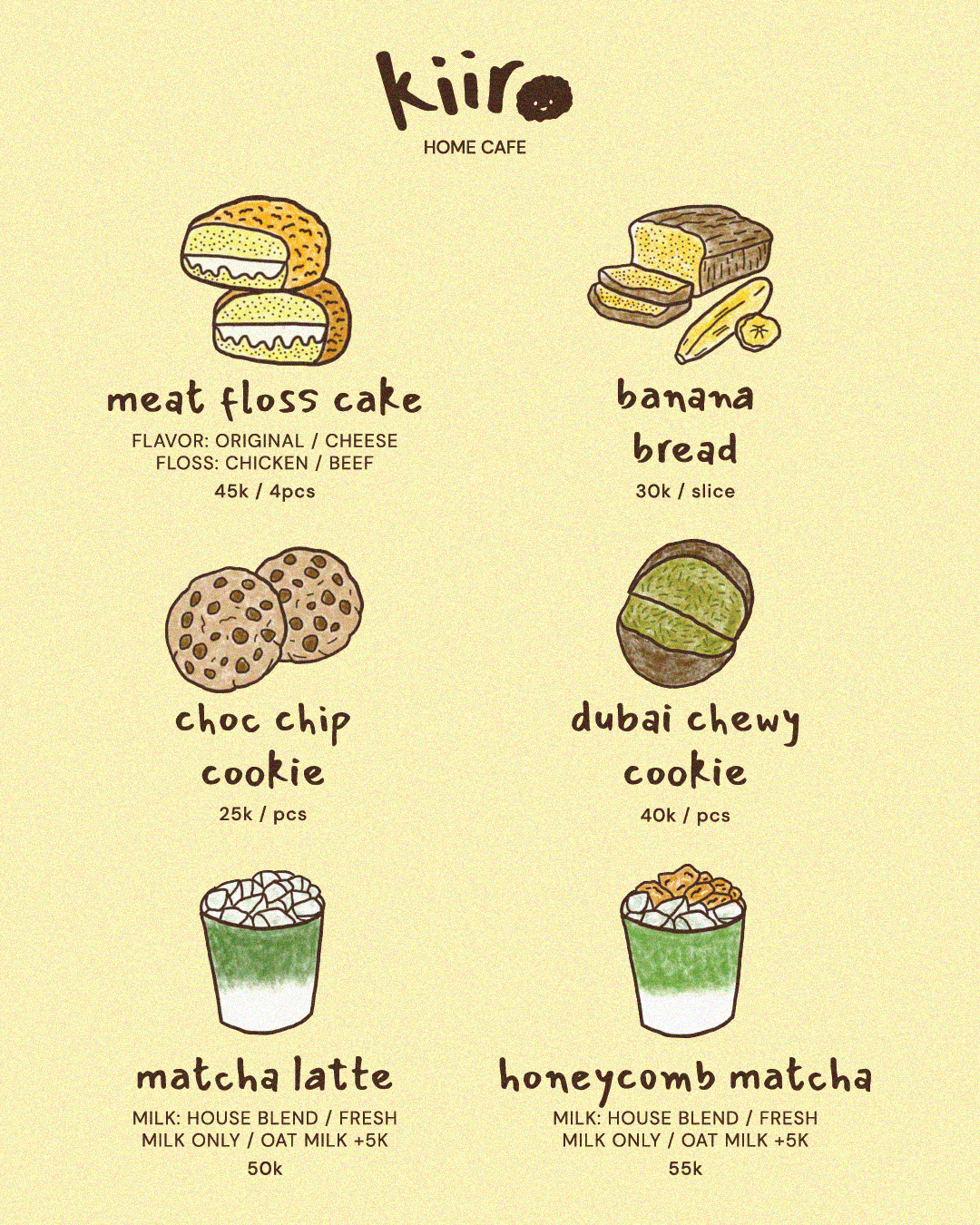 Menu with illustrations of various food items for kiiro