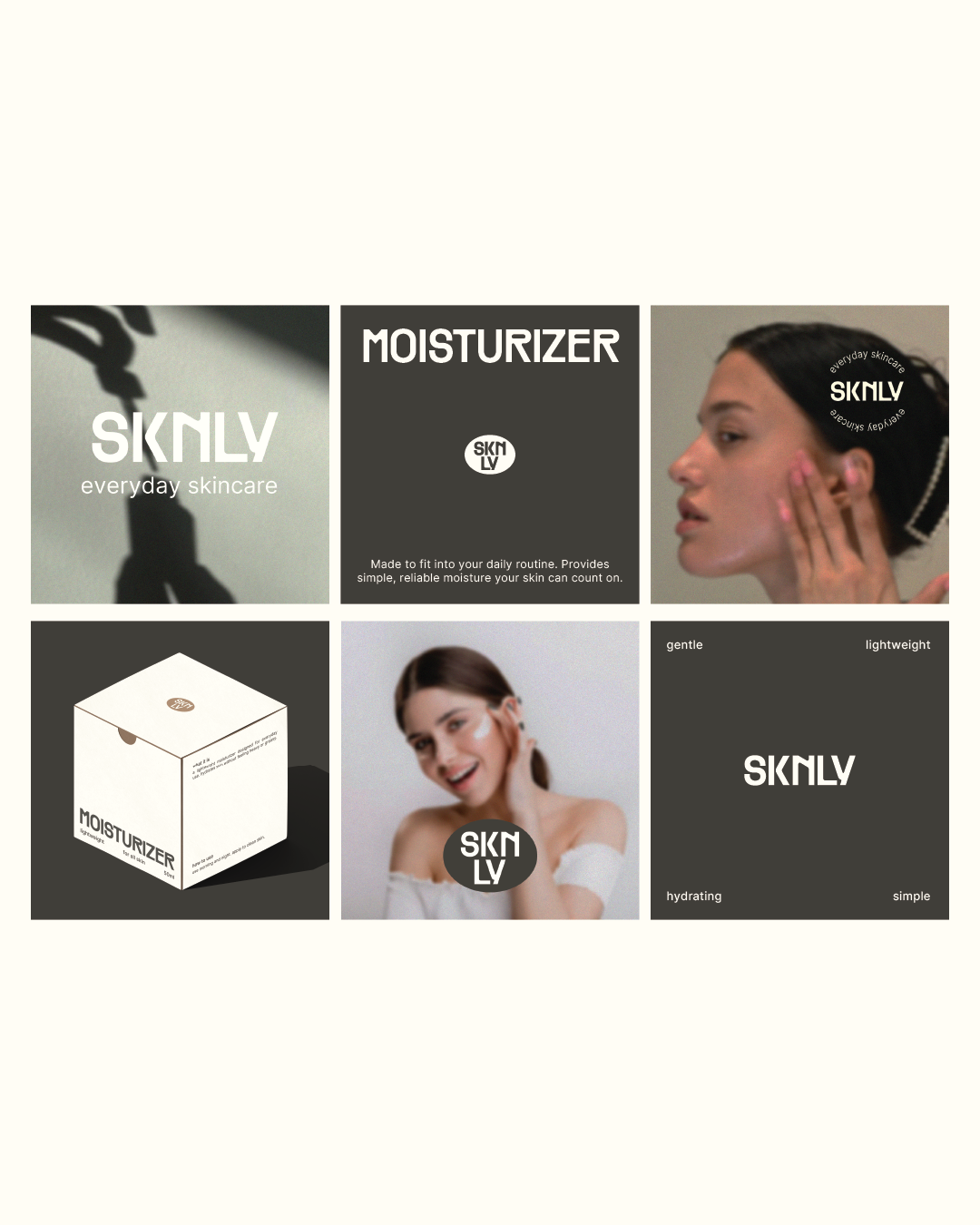 social media collage, featuring SKNLY moisturizer packaging and promotional images.