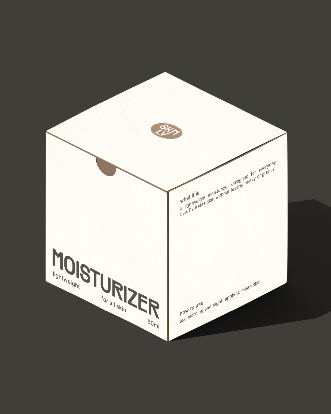 SKNLY's white box labeled 'Moisturizer lightweight for all skin 50ml'