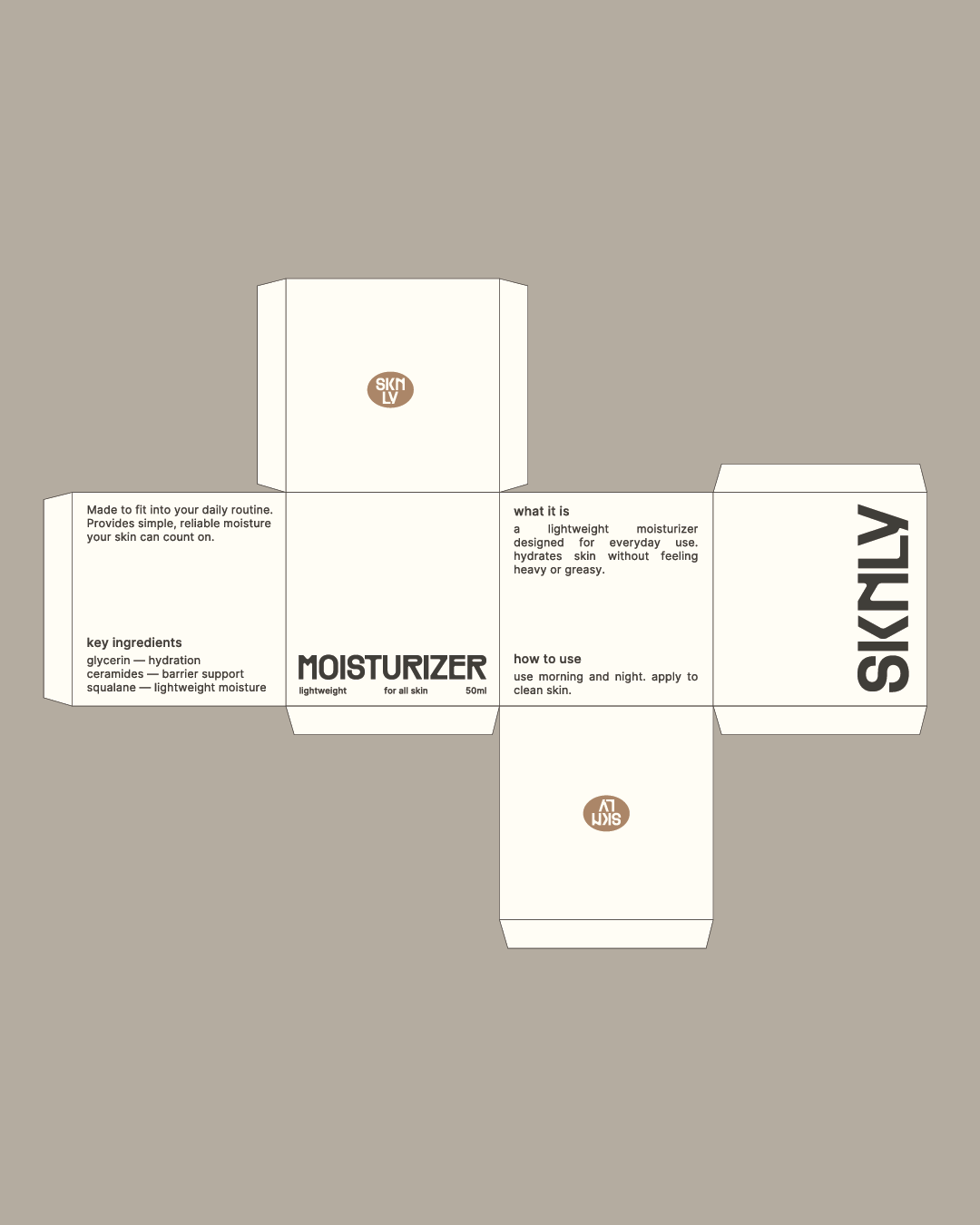 Flat layout of SKNLY's minimalist moisturizer packaging